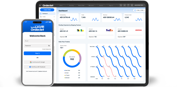 OrderJet COD management dashboard on mobile and tablet